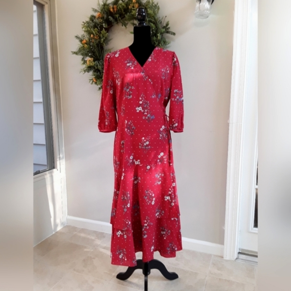 CHELSEA. 28 Red Floral Print Wrap Dress Size 16